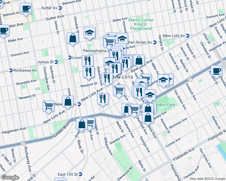 map of restaurants, bars, coffee shops, grocery stores, and more near 654 Georgia Avenue in Brooklyn