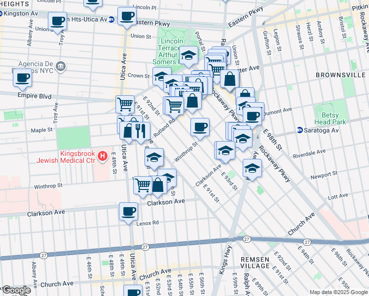 map of restaurants, bars, coffee shops, grocery stores, and more near 185 East 92nd Street in Brooklyn
