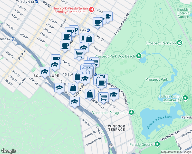 map of restaurants, bars, coffee shops, grocery stores, and more near 31 Prospect Park Southwest in Brooklyn
