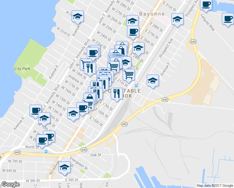 map of restaurants, bars, coffee shops, grocery stores, and more near 24 East 19th Street in Bayonne