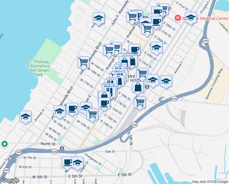 map of restaurants, bars, coffee shops, grocery stores, and more near 394 Broadway in Bayonne