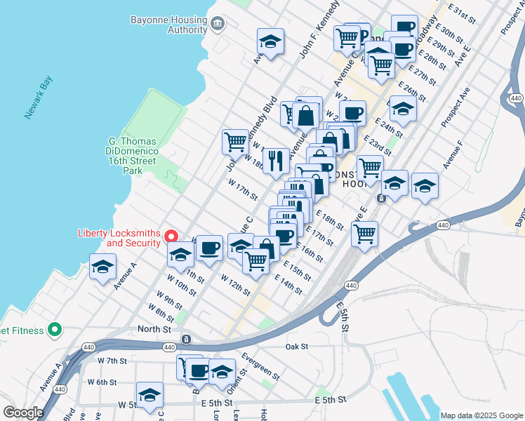 map of restaurants, bars, coffee shops, grocery stores, and more near 392 Avenue C in Bayonne