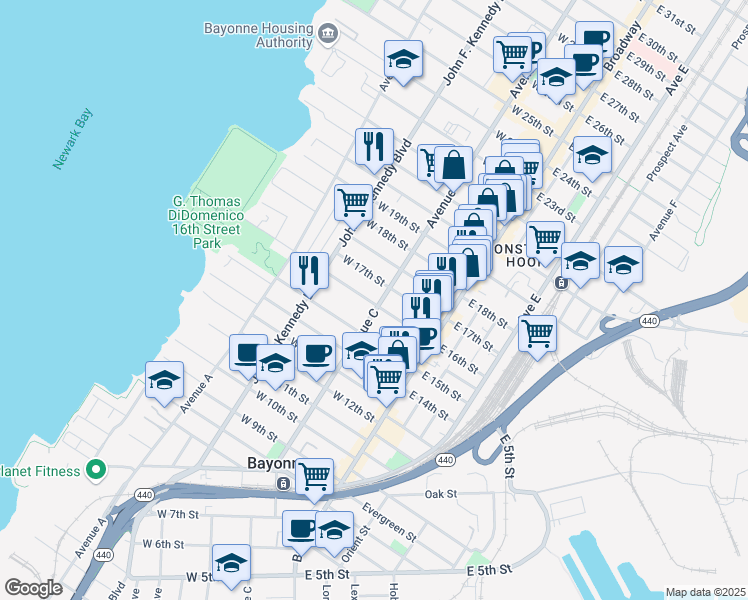 map of restaurants, bars, coffee shops, grocery stores, and more near 76 West 16th Street in Bayonne