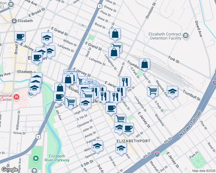 map of restaurants, bars, coffee shops, grocery stores, and more near 810-814 East Jersey Street in Elizabeth