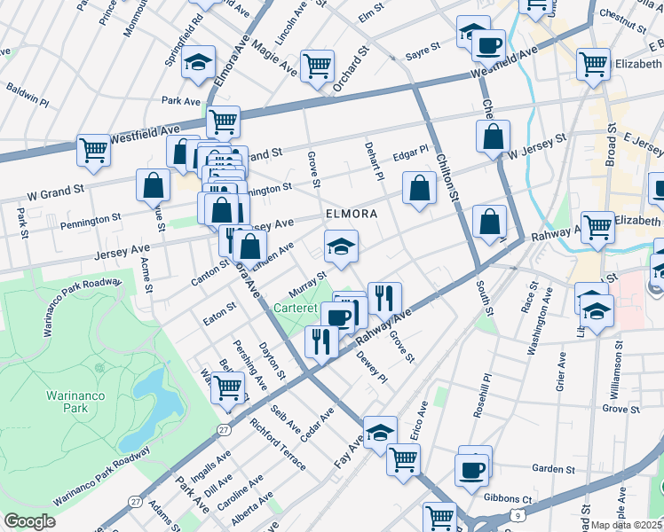 map of restaurants, bars, coffee shops, grocery stores, and more near 427 Murray Street in Elizabeth