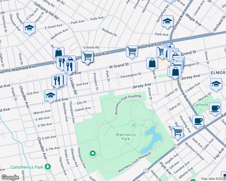 map of restaurants, bars, coffee shops, grocery stores, and more near in Roselle