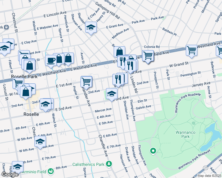 map of restaurants, bars, coffee shops, grocery stores, and more near 501 East 2nd Avenue in Roselle