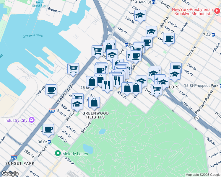 map of restaurants, bars, coffee shops, grocery stores, and more near 229 23rd Street in Brooklyn