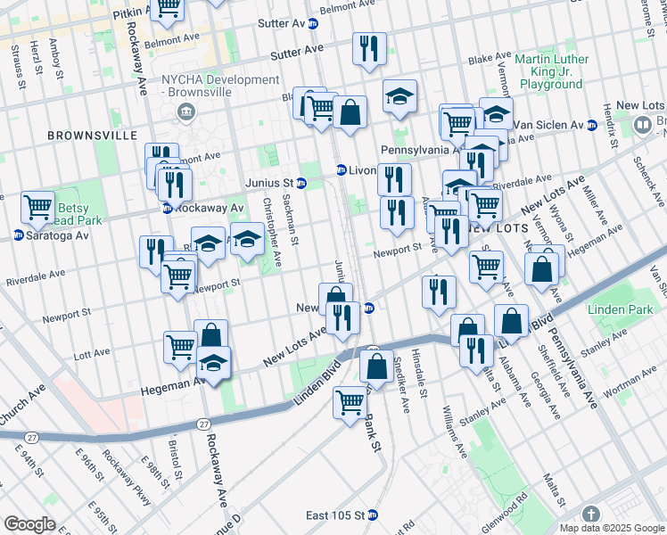 map of restaurants, bars, coffee shops, grocery stores, and more near 568 Junius Street in Brooklyn