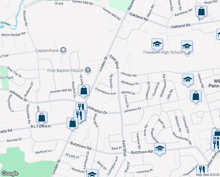 map of restaurants, bars, coffee shops, grocery stores, and more near 3219 Garrett Road in Bethlehem