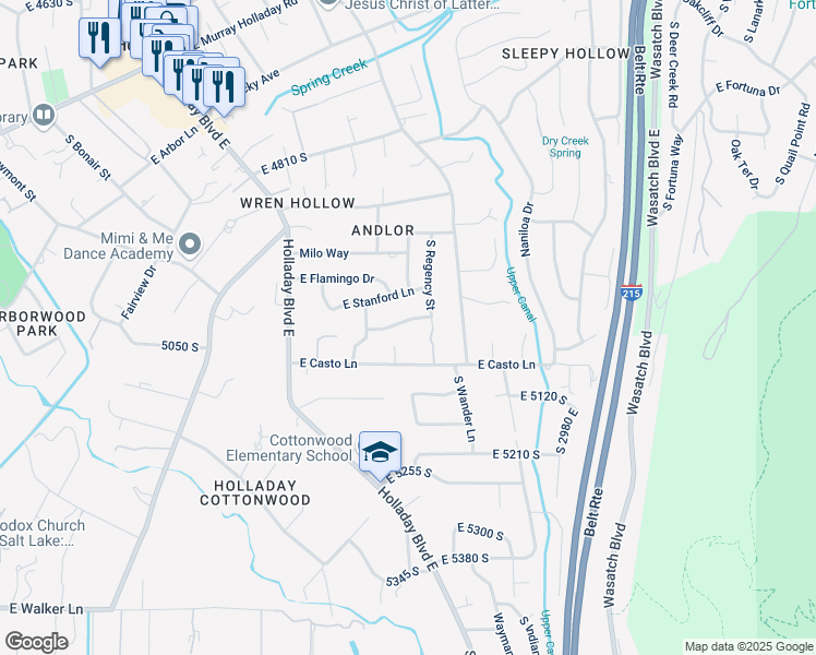 map of restaurants, bars, coffee shops, grocery stores, and more near 2730 East Swasont Way in Salt Lake City