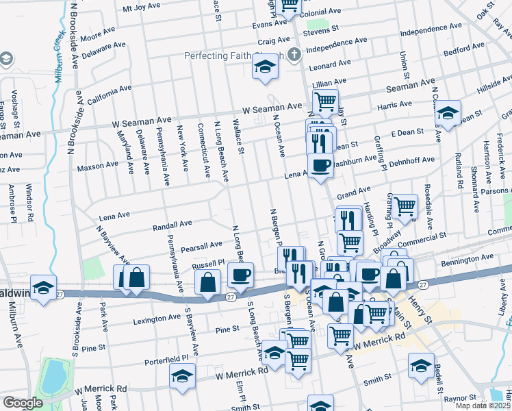map of restaurants, bars, coffee shops, grocery stores, and more near 92 Wallace Street in Freeport