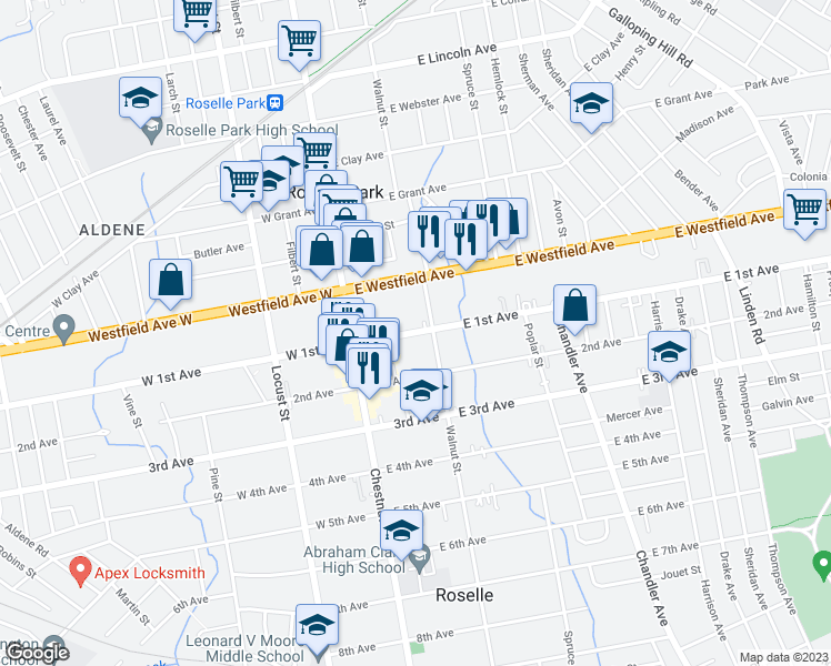 map of restaurants, bars, coffee shops, grocery stores, and more near 160 1st Avenue in Roselle