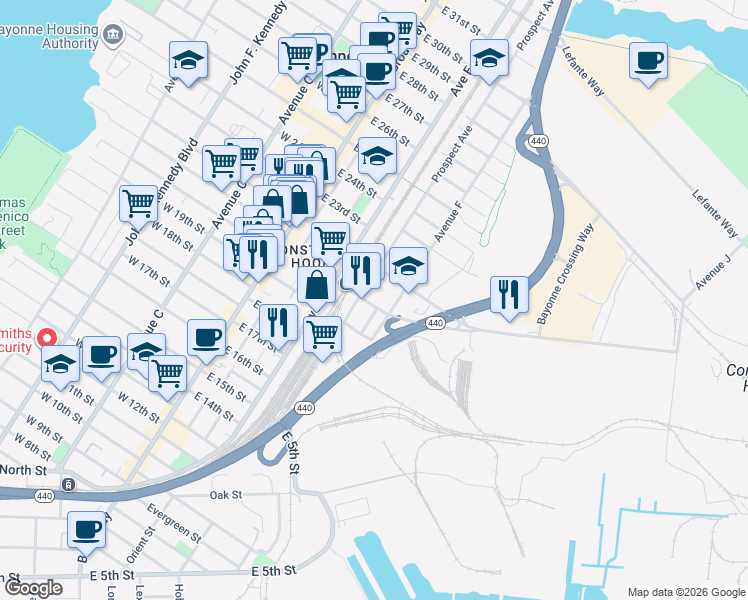 map of restaurants, bars, coffee shops, grocery stores, and more near 103 Avenue F in Bayonne