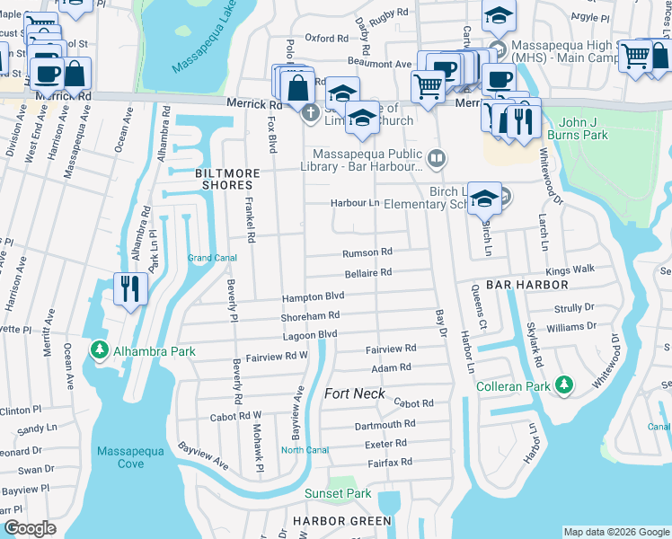 map of restaurants, bars, coffee shops, grocery stores, and more near 17 Bellaire Road in Massapequa