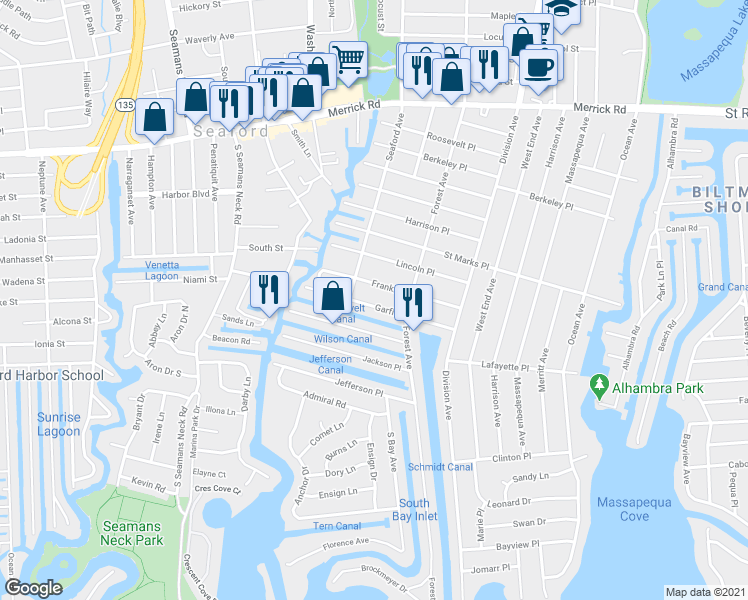 map of restaurants, bars, coffee shops, grocery stores, and more near 43 Garfield Place in Massapequa
