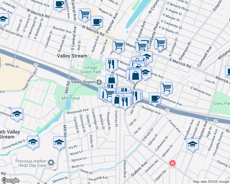 map of restaurants, bars, coffee shops, grocery stores, and more near 1 Sunrise Plaza in Valley Stream