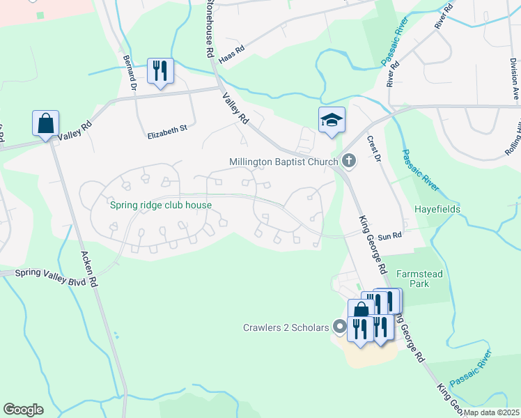 map of restaurants, bars, coffee shops, grocery stores, and more near 161 Jamestown Road in Basking Ridge