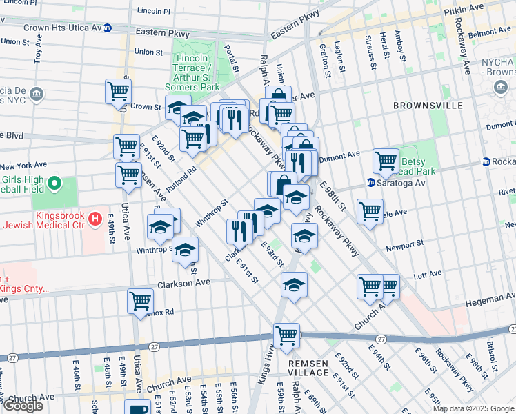 map of restaurants, bars, coffee shops, grocery stores, and more near 229 East 94th Street in Brooklyn