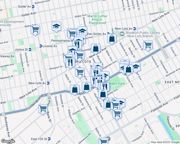 map of restaurants, bars, coffee shops, grocery stores, and more near 701 Granville Payne Avenue in Brooklyn