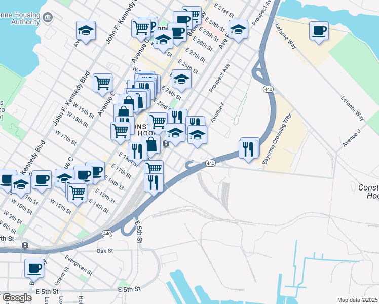 map of restaurants, bars, coffee shops, grocery stores, and more near 103 Avenue F in Bayonne