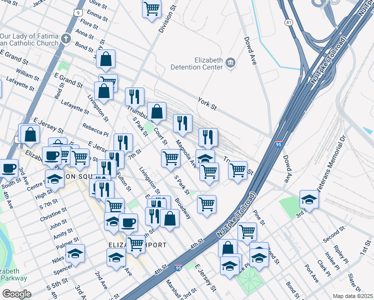 map of restaurants, bars, coffee shops, grocery stores, and more near 615 Magnolia Avenue in Elizabeth