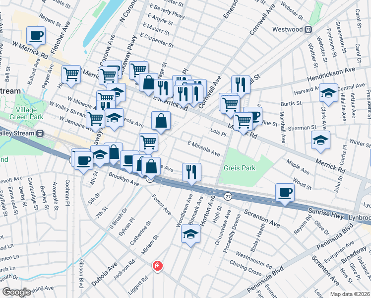 map of restaurants, bars, coffee shops, grocery stores, and more near 163 E New York Ave in Valley Stream