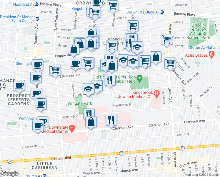 map of restaurants, bars, coffee shops, grocery stores, and more near 580 Albany Avenue in Brooklyn