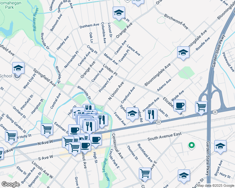 map of restaurants, bars, coffee shops, grocery stores, and more near 304 North Union Avenue in Cranford