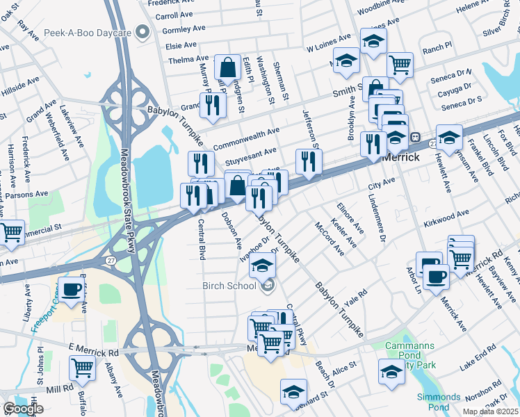 map of restaurants, bars, coffee shops, grocery stores, and more near 2273 Babylon Turnpike in Merrick