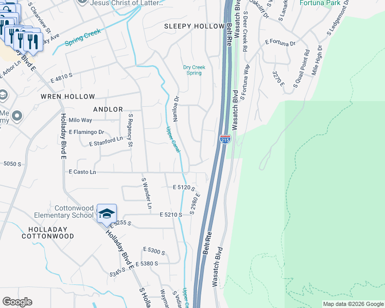 map of restaurants, bars, coffee shops, grocery stores, and more near 4999 Naniloa Drive in Holladay