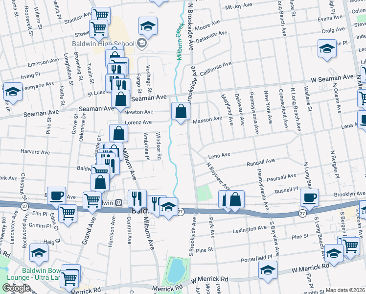 map of restaurants, bars, coffee shops, grocery stores, and more near 9 Mayflower Court in Freeport