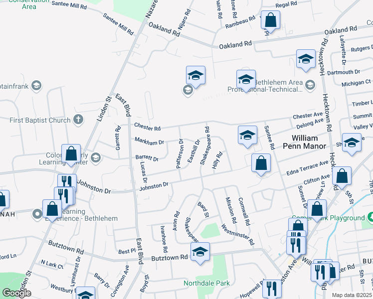 map of restaurants, bars, coffee shops, grocery stores, and more near 3170 Patterson Dr in Bethlehem