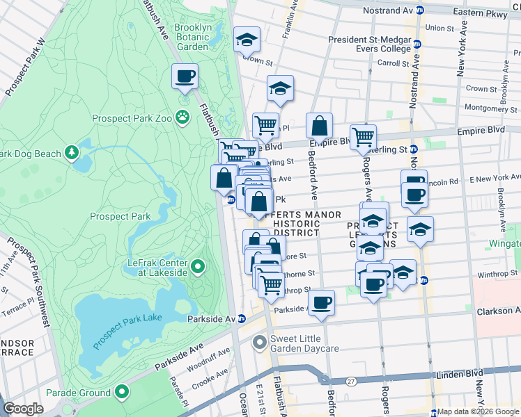 map of restaurants, bars, coffee shops, grocery stores, and more near 553 Flatbush Avenue in Brooklyn