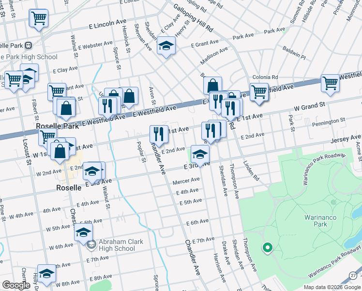 map of restaurants, bars, coffee shops, grocery stores, and more near 443 East 2nd Avenue in Roselle