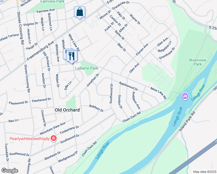 map of restaurants, bars, coffee shops, grocery stores, and more near 3511 Southwood Drive in Easton