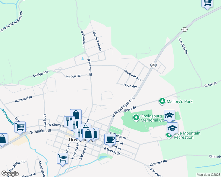 map of restaurants, bars, coffee shops, grocery stores, and more near 629 Lee Street in Orwigsburg