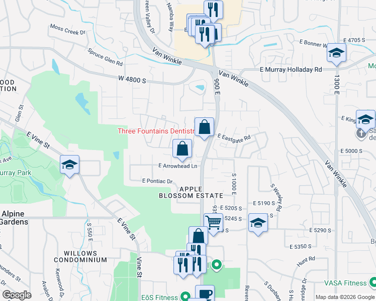 map of restaurants, bars, coffee shops, grocery stores, and more near 875 East Arrowhead Lane in Murray