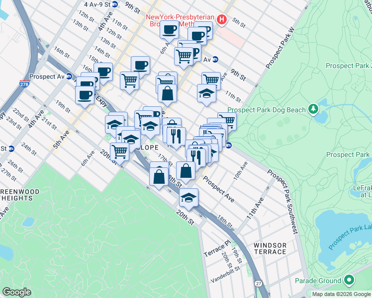 map of restaurants, bars, coffee shops, grocery stores, and more near 72 Windsor Place in Brooklyn