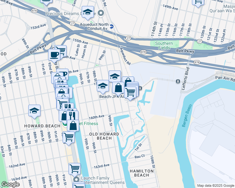 map of restaurants, bars, coffee shops, grocery stores, and more near 100-05 159th Avenue in Queens