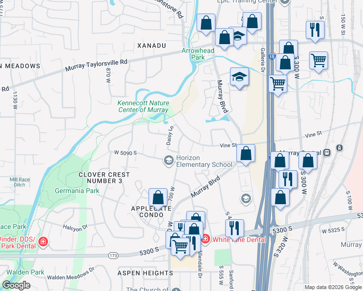 map of restaurants, bars, coffee shops, grocery stores, and more near 5095 Glendon Street West in Murray