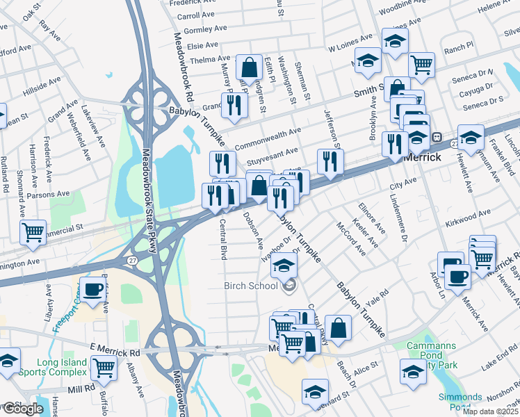 map of restaurants, bars, coffee shops, grocery stores, and more near 231 Sunrise Highway in Merrick