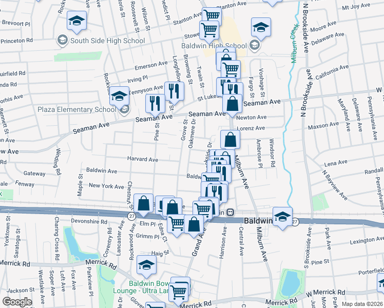 map of restaurants, bars, coffee shops, grocery stores, and more near 2047 Oakmere Drive in Baldwin