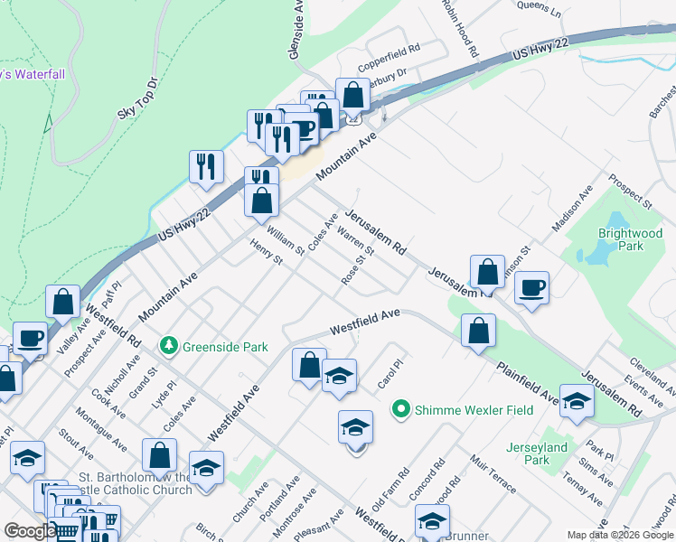 map of restaurants, bars, coffee shops, grocery stores, and more near 437 William Street in Scotch Plains