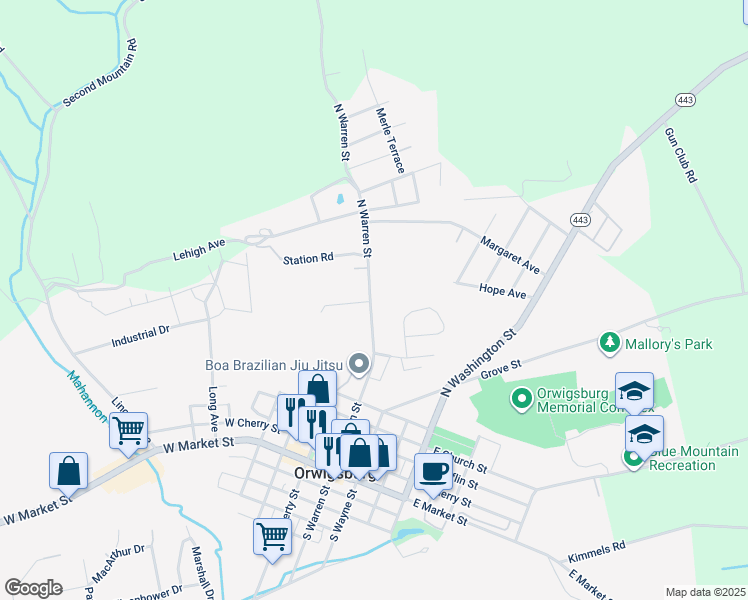 map of restaurants, bars, coffee shops, grocery stores, and more near 626 North Warren Street in Orwigsburg