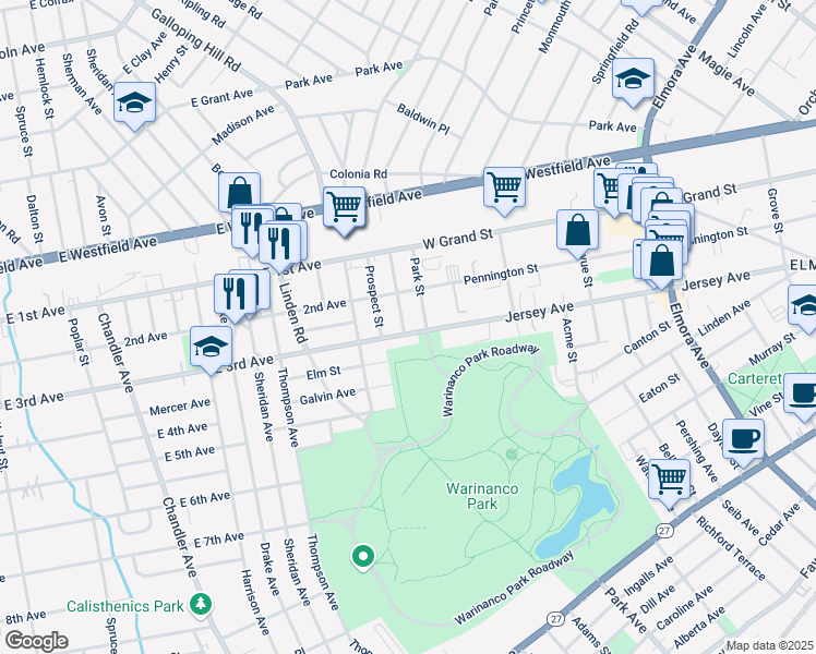 map of restaurants, bars, coffee shops, grocery stores, and more near 731 East 3rd Avenue in Roselle