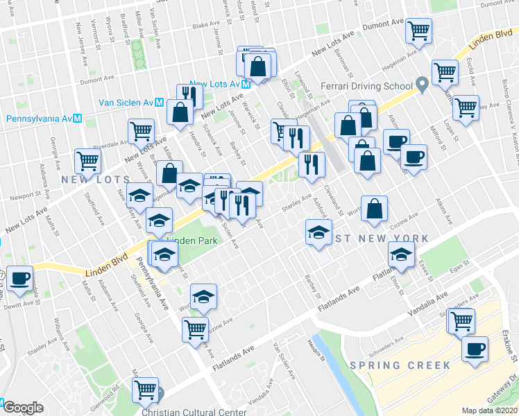 map of restaurants, bars, coffee shops, grocery stores, and more near 817 Schenck Avenue in Brooklyn