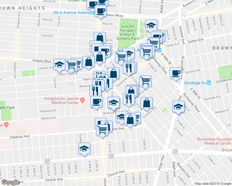 map of restaurants, bars, coffee shops, grocery stores, and more near 140 Remsen Avenue in Brooklyn