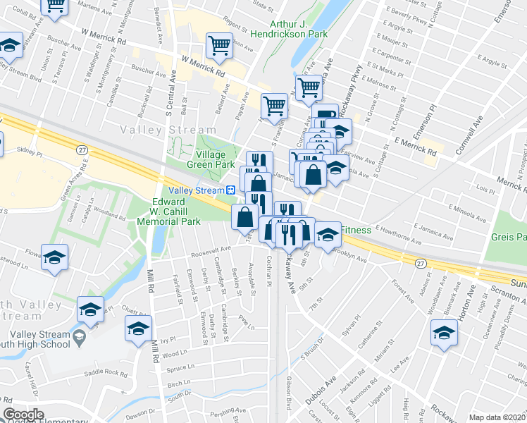 map of restaurants, bars, coffee shops, grocery stores, and more near 1 Sunrise Plaza in Valley Stream
