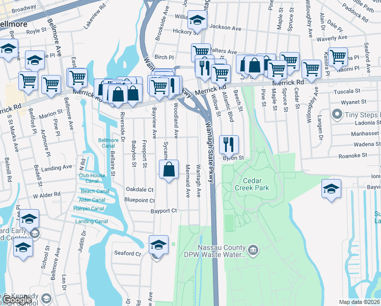 map of restaurants, bars, coffee shops, grocery stores, and more near 2429 Mermaid Avenue in Wantagh